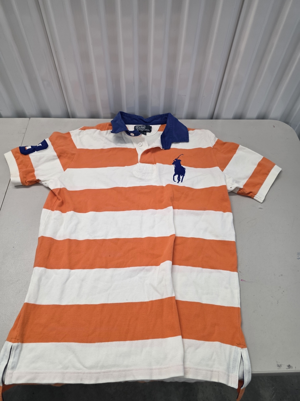 Polo Ralph Lauren Big Pony Orange & White Short Sleeve Polo Shirt Blue Logo Men'